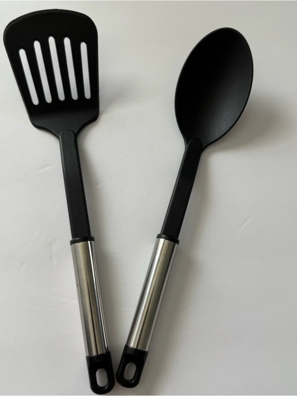 Black Nylon Slotted Turner and Spoon Set with Stainless Accents
